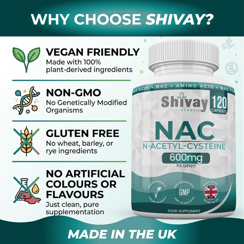 NAC N-Acetyl Cysteine 600mg | High Strength & Max Absorption | 120 Vegan Capsules (4 Month Supply) | Pure Amino Acid Supplement | UK Made by Shivay Herbals