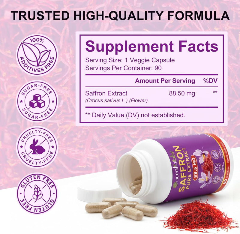 100% Pure Saffron Extract - Supports Weight and Appetite Health, Mood, Focus, Memory, Digestion, Eye, Skin and Brain Health. NSF Certified Saffron Supplements for Women and Men, 45-Day Supply.
