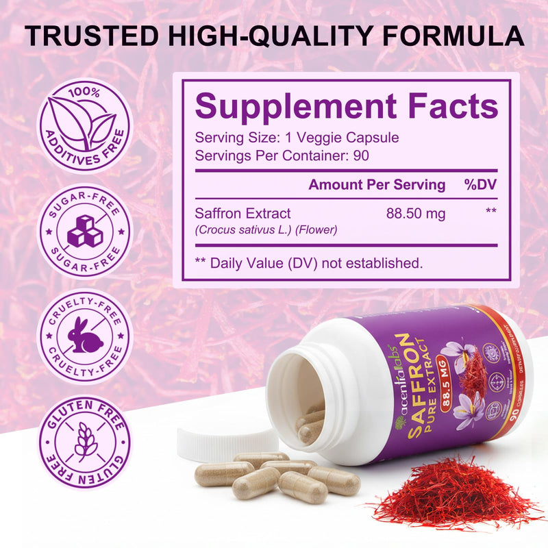 Saffron Capsules, Saffron Supplement 90 Count, Saffron Pure Extract 88.5mg, Supports Mood Balance, Boosts Energy & Focus, Promotes Healthy Vision