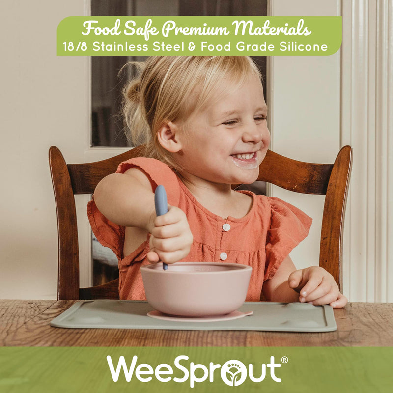 WeeSprout Toddler Utensils, 3 Forks & 3 Spoons, 18/8 Stainless Steel & Food Grade Silicone, Thick Easy-Grip Handles, Perfect Length For New Self Feeders, Gentle On Gums & Teeth, Dishwasher Safe Matte Dark Gray, Blue, Green