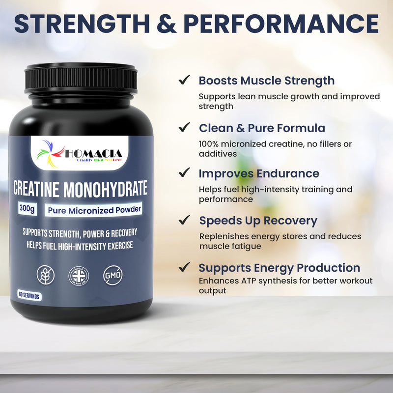 Homacia | Creatine Monohydrate Micronized Powder | Supports Muscle Growth, Strength, Recovery & Energy | 100% Pure Unflavoured Creatine 5g Scoop | 300g | UK Made 300 Grams