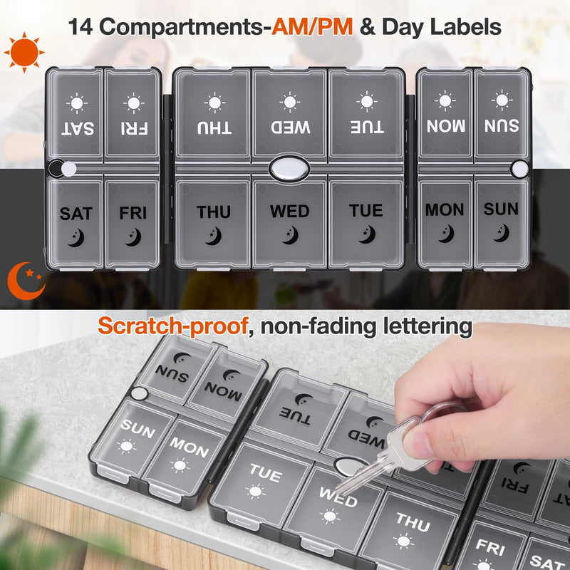 FYY Weekly Pill Organizer 2 Times a Day, Travel Pill Box 7 Day -Clear Black | AM PM Pill Case,Easy to Use,Privacy Protection,Magnetic Medicine Pill Organizer for Medication,Vitamins,Fish Oils,Supplements Clear Black Closed size: 4.9 x 3.9 x 1.2 Inch