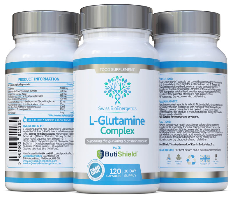 L-Glutamine Complex with Butyric Acid, Glucosamine (N-Acetyl-D), Marshmallow Root, Slippery Elm Bark, Liquorice Root, Chamomile Flower, Mastic Gum, Quercetin & Zinc - UK Made and No Artificial Nasties