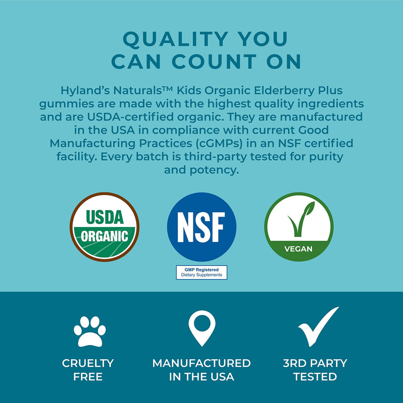 [Australia] - Hyland's Kids Organic Elderberry Plus Gummies, Organic Black Elderberry with ZINC and Vitamin C, Immune Support for Children, 48 Vegan Gummies Kids - 48 Count 