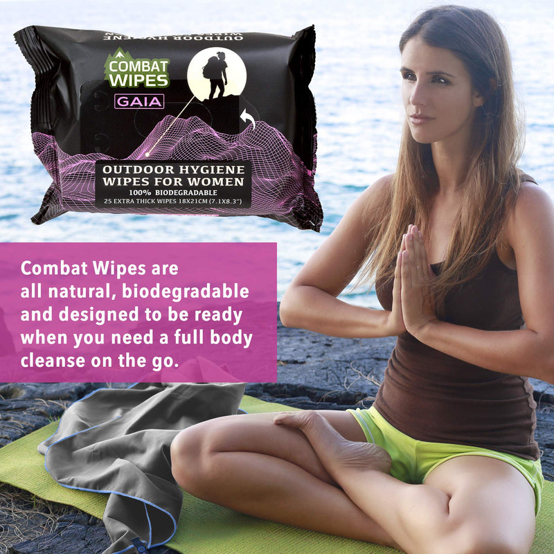 [Australia] - Combat Wipes Gaia - Feminine Hygiene Outdoor Wet Wipes - Extra Thick, Ultralight, Biodegradable, pH Balanced Body & Hand Cleansing Cloths for Women w/Aloe (1 Pack, 25 Wipes) 25 Count (Pack of 1). 
