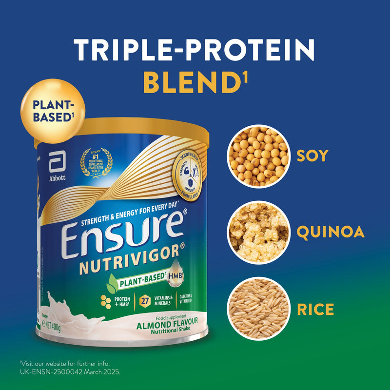 Ensure NutriVigor Nutritional Shake – Almond Flavour – 400g – Food Supplement with Protein, HMB & 27 Vitamins & Minerals – Supports Strength, Energy & Immunity – With Vitamin D, C & B