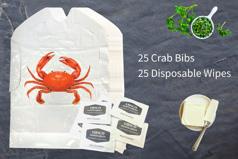 [Australia] - Crab Bib & Wet Wipe Bundle- 25 Disposable Bibs and 25 Moist Towelettes for Crawfish Boil, Seafood Fest, or Home Dinner Party White/Red 