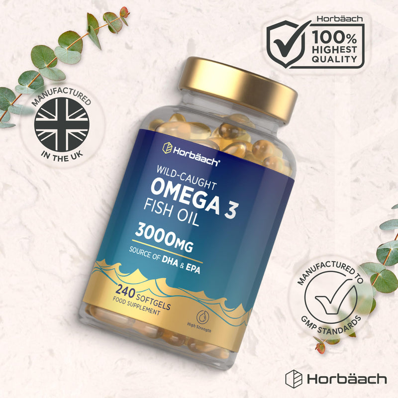 Omega 3 Capsules High Strength Fish Oil | 3000mg | 240 Count | Wild-Caught Fatty Acid Supplement Providing EPA and DHA | By Horbaach