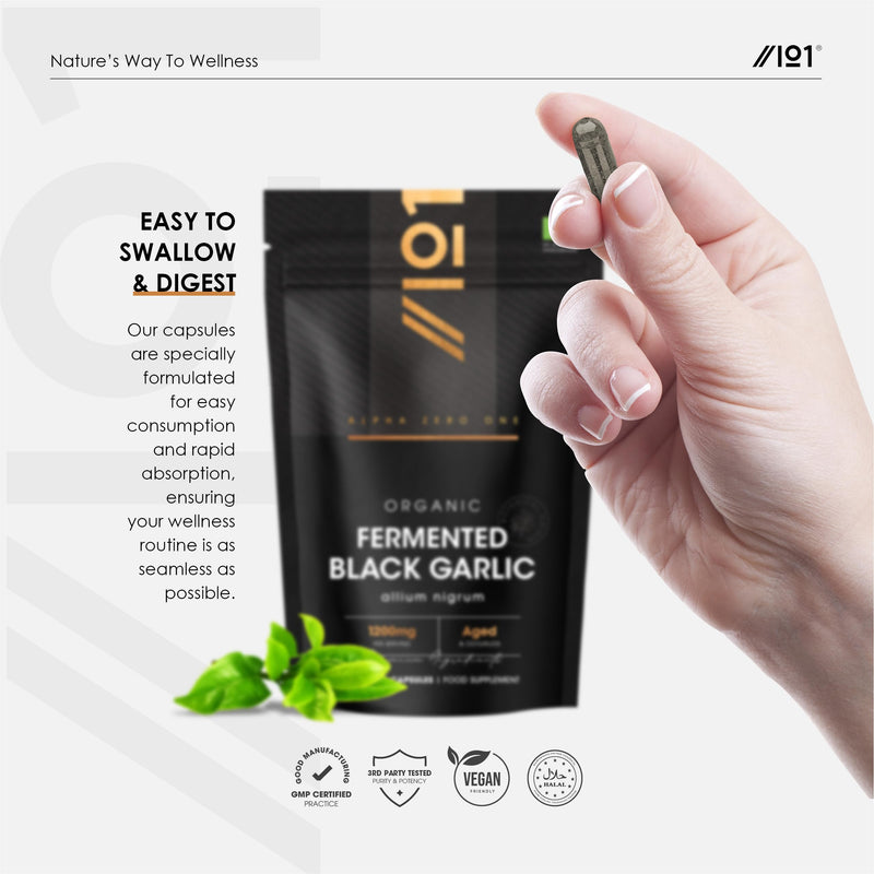 Organic Fermented Black Garlic 1200mg - 60 Vegan Capsules - Supports Heart Health - Resealable and Recyclable Pouch by Alpha01