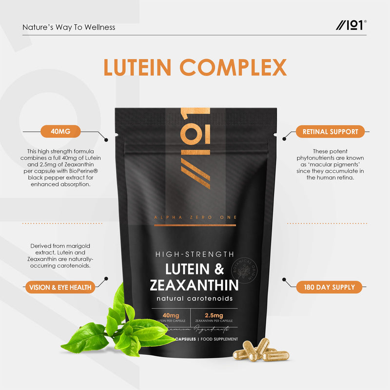 Lutein & Zeaxanthin with BioPerine® – 40mg Lutein 2.5mg Zeaxanthin – 180 Vegan Capsules – Natural Carotenoids from Marigold Extract – Resealable and Recyclable Pouch by Alpha01 1 count (Pack of 180)