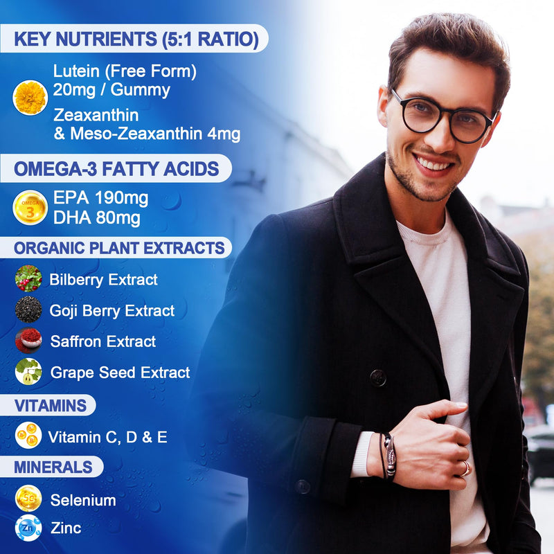 [Australia] - Sugar Free Lutein 20mg 40mg and Zeaxanthin Gummies for Eyes with Omega 3 (EPA 190mg & DHA 80mg), Lutein Supplements Eye Vitamins Filled Gummies Plus Bilberry, Goji Berry & Saffron, Vegan - 60 Count 60 Count (Pack of 1) 