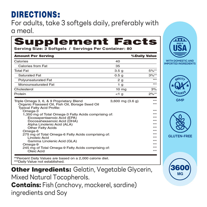 Vitamin World Triple Omega 3-6-9 3600mg, 240 Softgels | High Potency Omega 3 6 9 Supplement Provides Active EPA & DHA, Supports Heart, Brain & Immune Health, Gluten Free