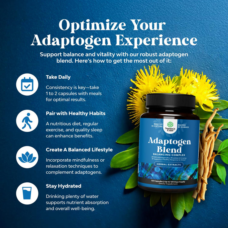 Adaptogens Supplements Blend Capsules w Ashwagandha & Rhodiola - 120 ct | Calming adaptogen support for stress, mood, energy & cortisol management; vegan, non-GMO 120 Count (Pack of 1)