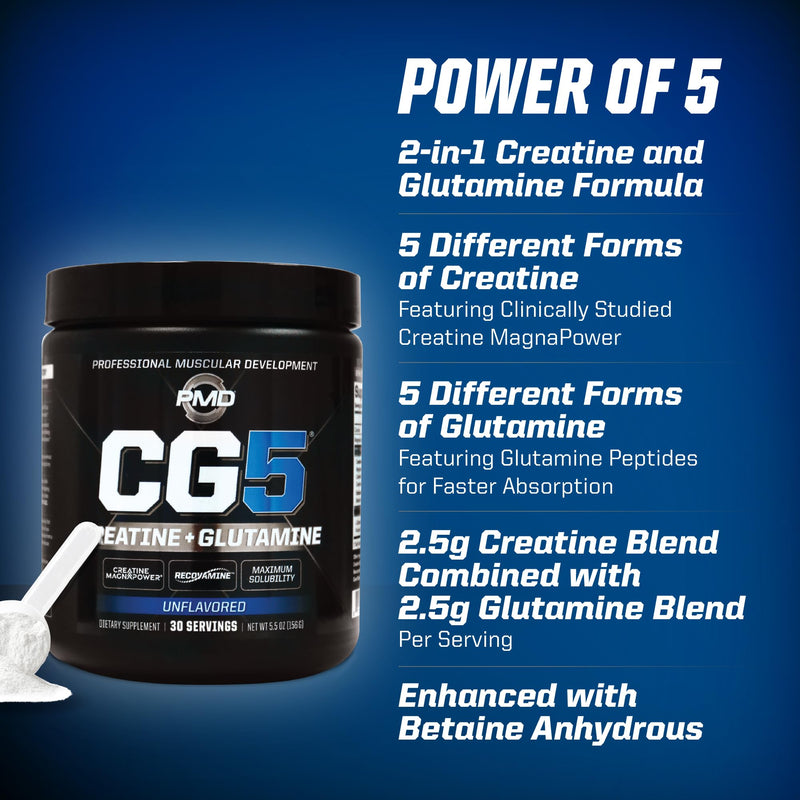 [Australia] - PMD Sports CG5 Premium Creatine & L Glutamine Powder, Power Recovery, Build Lean Muscle, Increase Workout Performance, Maximum Strength Pre Workout & Post Workout, Unflavored, 30 Servings 5.5 Ounce (Pack of 1) 