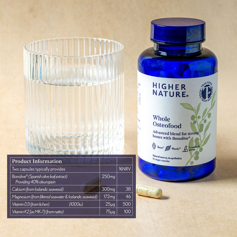Higher Nature - Whole Osteofood - Supports Healthy Bones & Teeth - Magnesium, Calcium, Vitamin D3 & K2 - Improved Bone Strength & Density - Joint Care - True Food® Formula - 90 Capsules