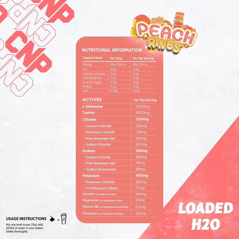 CNP Professional Loaded H20 Advanced Hydration Formula with Potassium, Sodium & Chloride for Electrolyte Balance. 20 Servings, 300g 5 Mouth-Watering Flavours (300g, Peach Rings)