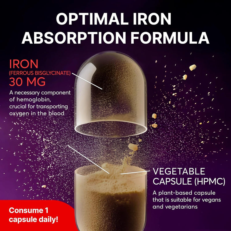 Iron Bisglycinate 30 mg – High Dose & Well Tolerated – High Absorption Iron Supplement – 120 Vegan Capsules – EU Lab Tested (1 Pack) 1 Pack