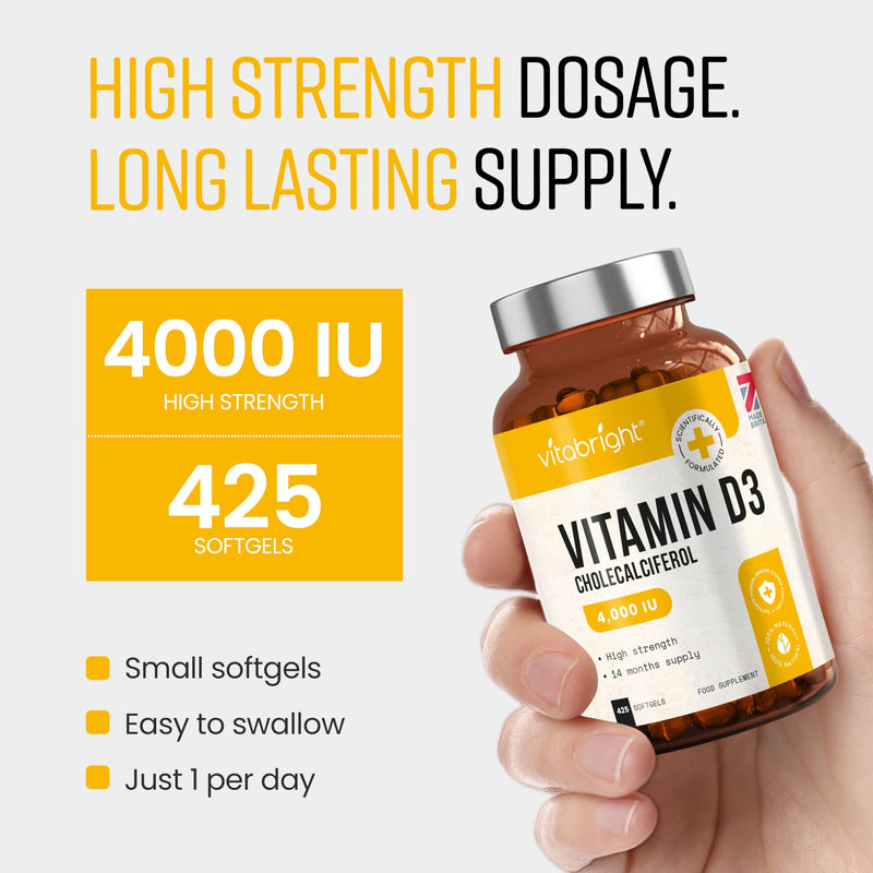 VitaBright Vitamin D3 4000 IU Daily | 425 Micro Softgels | 14 Month Supply | High Strength Vitamin D Tablets | Sugar-Free Alternative to Gummies | Cholecalciferol Supplements for Women & Men