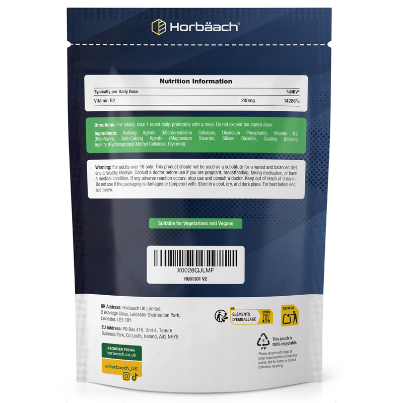 Vitamin B2 Riboflavin 200mg | 120 Vegan Tablets (4 Months Supply) | High Strength Supplement | No Artificial Preservatives | by Horbaach
