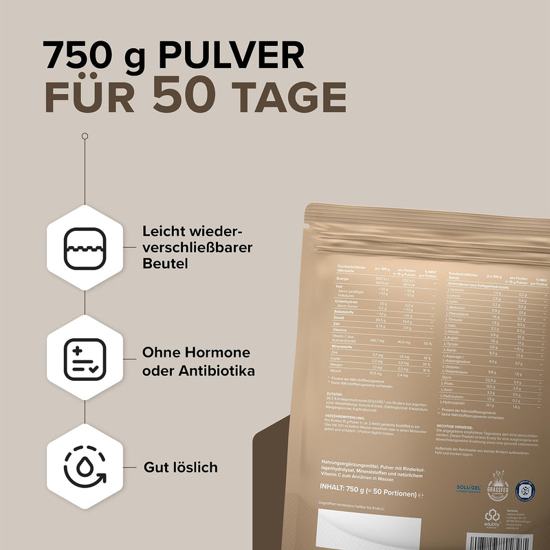 [Australia] - edubily nutrition® collagen powder • From certified pasture farming • Premium collagen hydrolyzate with co-factors for joint health & strong connective tissue • In a Velcro bag (750 g) 750 g (pack of 1) 