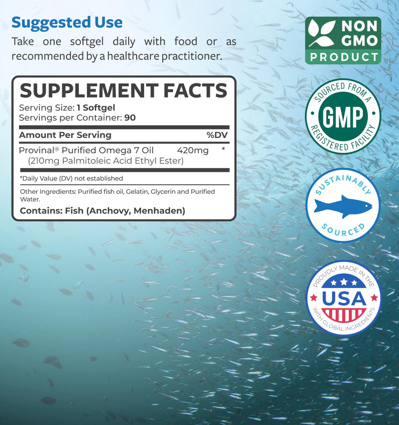 Omega 7 Supplement for Women and Men - High Potency & Purity Palmitoleic Acid Fatty Acid Fish Oil Supplement from Patented Provinal with Lowest Palmitic Acid - Sustainably Sourced (3 Month Supply) 90 Count (Pack of 1)