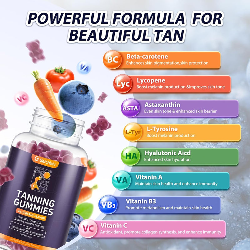 [Australia] - 2 Pack Extra Powerful Tanning Gummies,1500mg of L-Tyrosine,Daily Tanning Supplement Adults Woman & Men,with 1000mg of Beta-Carotene,50mg of Astaxanthin,8500mcg of Vitamin A for Skin Health 30 Count (Pack of 2) 