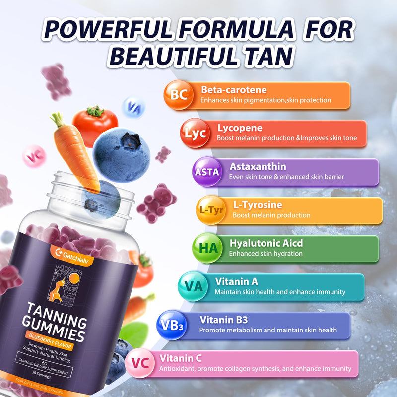 [Australia] - Tanning Gummies - Self Tan Bronzing Supplement that Work Without Sun - No Sugar Vegan with Astaxanthin Lycopene Beta Carotene and Vitamins-60 Count 