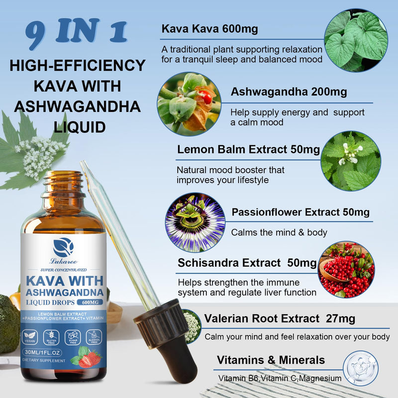 Kava Kava Root Extract Supplement - Calming High Concentration Kava Extract with Ashwagandha for Relaxation,Liver,Cognitive Support & Immune System - Plant Based, Alcohol-Free