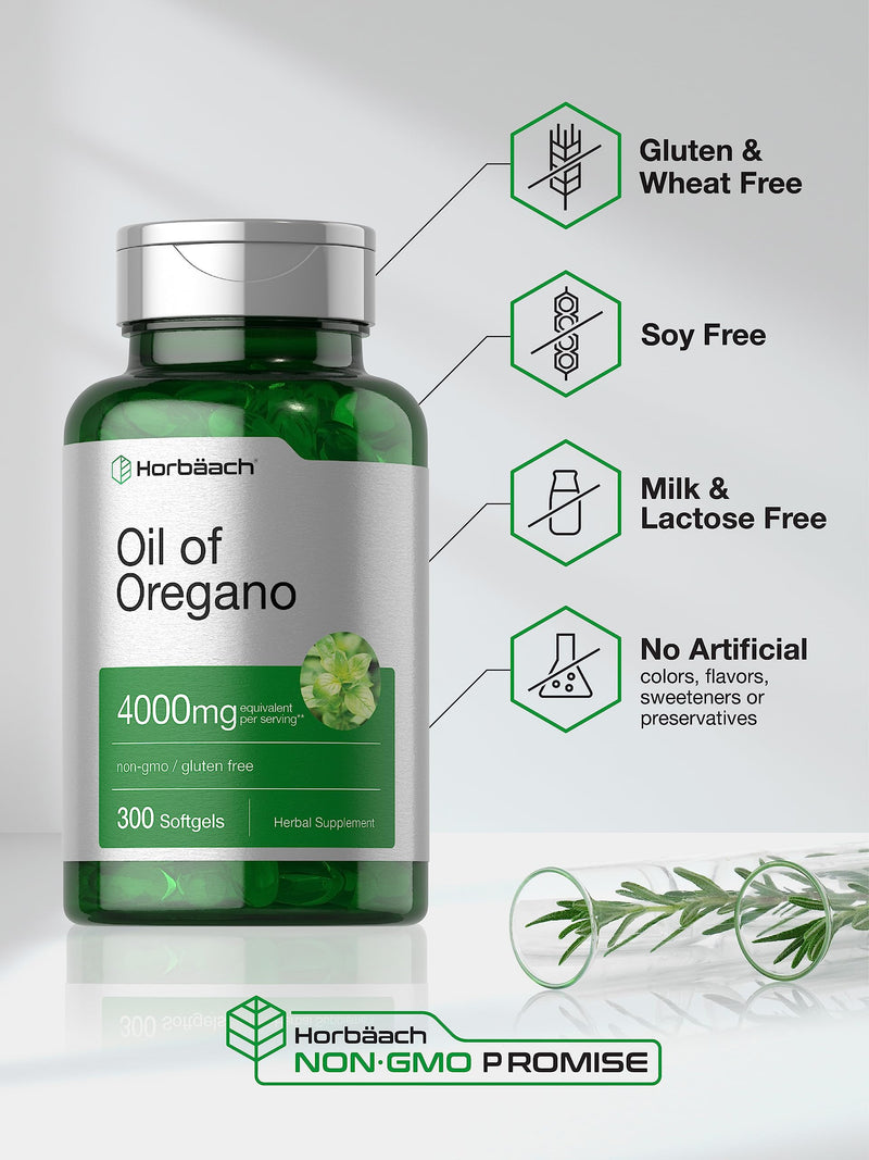 Horbäach Oregano Oil | 4000mg | 300 Softgel Capsules | Naturally Occurring Carvacrol | Non-GMO and Gluten Free Extract Formula