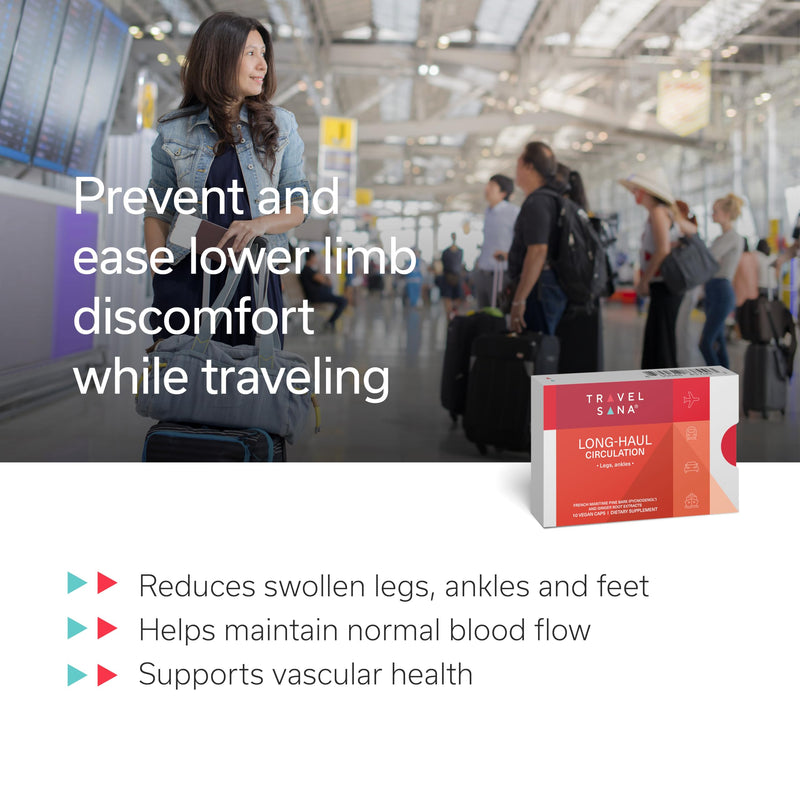 [Australia] - Long-Haul Circulation Relieves Leg Discomfort, Reduces Swollen Feet, Legs, Ankles from Prolonged Sitting, Travel Essentials, Pycnogenol 100mg, Ginger Extract, 10 Servings (Veg Caps) 10 Count (Pack of 1) 
