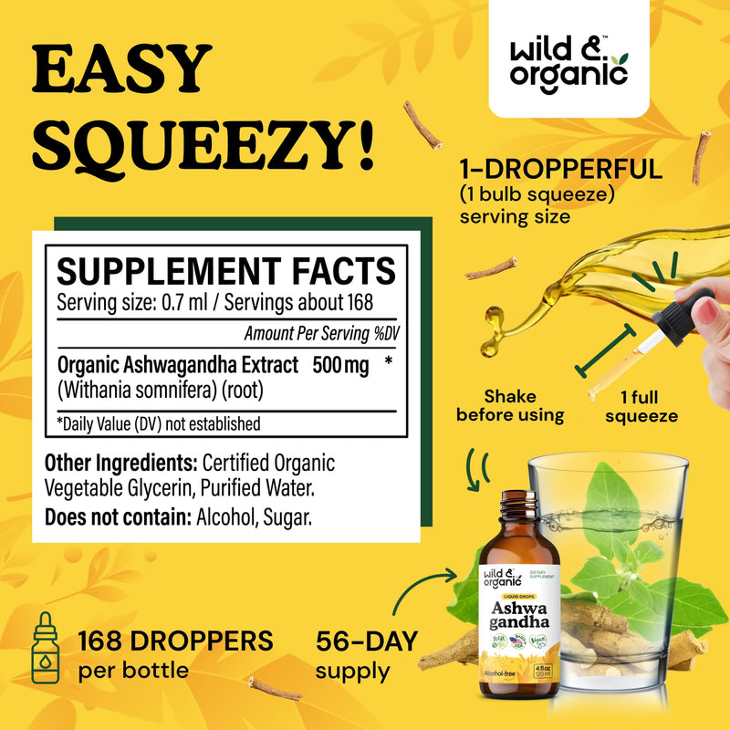 [Australia] - Wild & Organic Ashwagandha Drops - Mood Support Supplement w/Ashwagandha Root Extract - Liquid Drops for Calm Mind - Relaxation Supplements - Sugar & Alcohol-Free - 4 fl oz 4 Fl Oz (Pack of 1) 