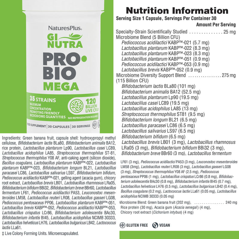 NaturesPlus GI NUTRA Pro Bio Mega - 120 Billion Probiotics for Women and Men - 35 Science Backed Live Bacteria and Prebiotic Fibre - Vegan, Gluten Free - 30 Capsules