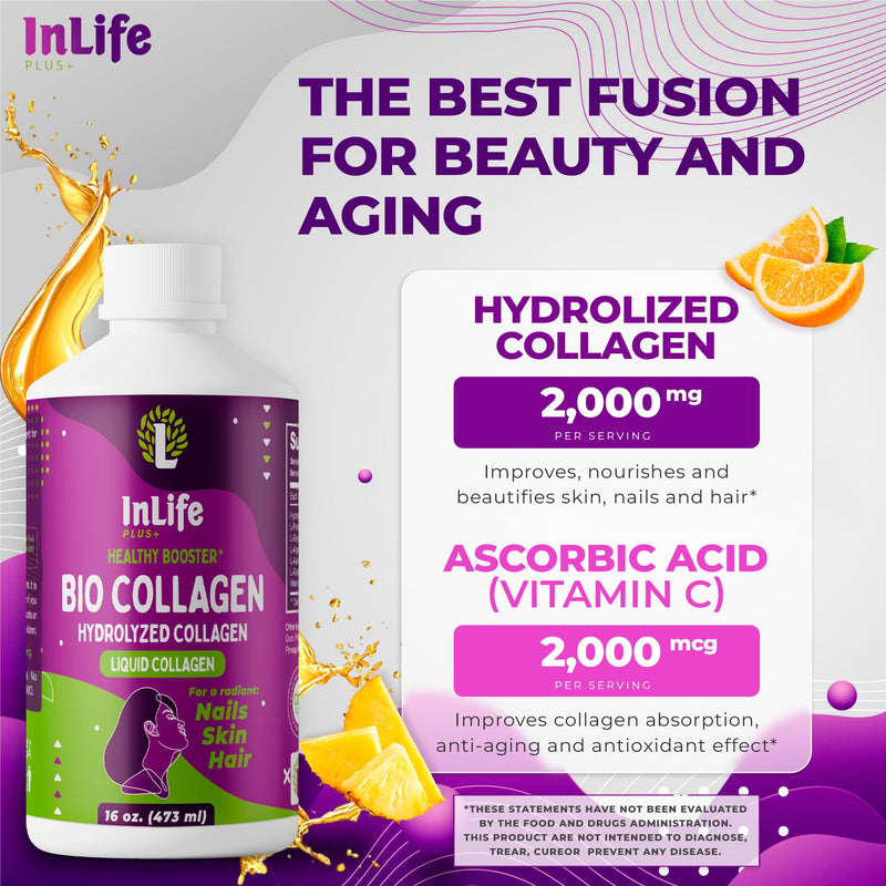 Liquid Collagen for Women & Men (16 oz) Extra Strength hydrolyzed Collagen peptides, with Vitamin C, Glowing Skin Support, Hair, Muscles, Nail Supplement, Gluten Free, Non GMO (1) 1