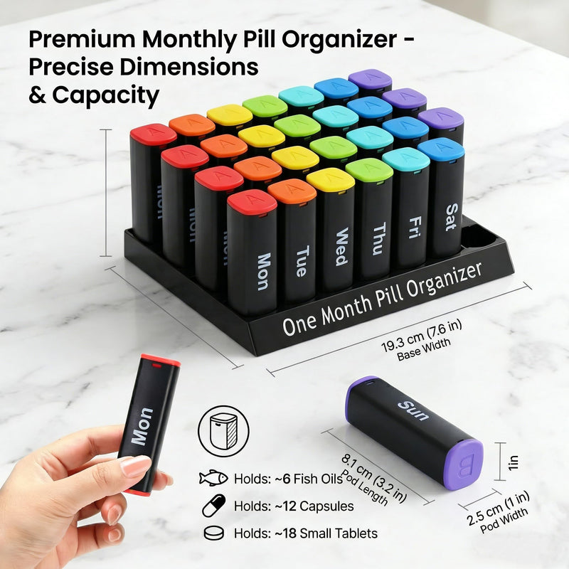 CAidRE Monthly Pill Organizer AM PM, Black XL Medication Box | 28 Day Moisture Proof Case for Vitamins and Supplements, Travel Friendly Individual Pods, Discreet 4 Week Storage Black1 monthly pill oeganizer