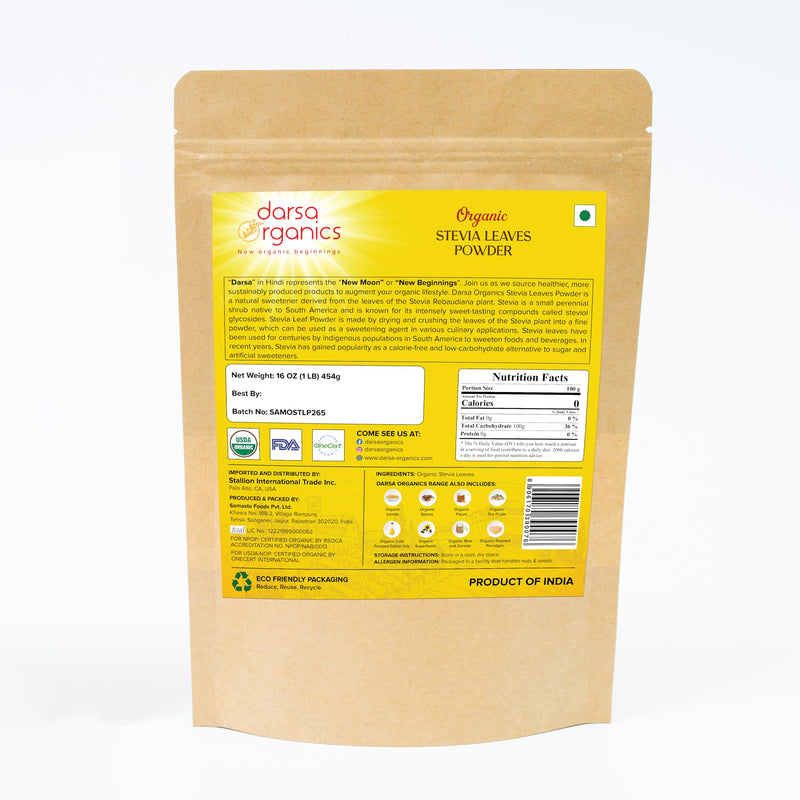 [Australia] - Organic Stevia Leaves Powder from India 16 ounce | Reduced Bitter Aftertaste | Natural Sweetener | Plant Based Sugar Substitute | 0 Calorie | USDA Organic | Non-GMO | Resealable Pouch 