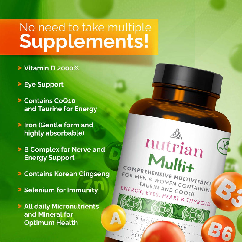 Multivitamin & Mineral Complex for Men & Women | Thyroid & Energy Support | CoQ10 100mg, Vitamin D3 2000 IU & K2 MK-7, Magnesium, Taurine, B-Complex with 5-MTHF | 120 Capsules