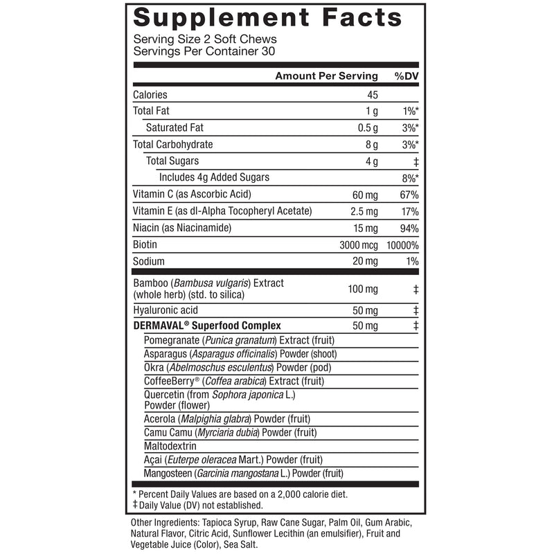 [Australia] - Force Factor Collagen Boosting Superfoods with Biotin, Hyaluronic Acid, Bamboo, and Hair, Skin, and Nails Vitamins, Nail Strengthener and Skin Supplement, Tropical Fruit Flavor, 60 Soft Chews 1 Pack 