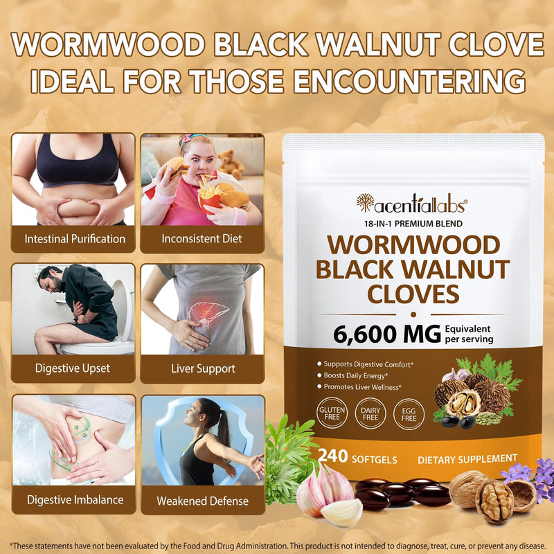 240 Count Wormwood Black Walnut Clove Capsules | 6600 mg per Serving | 18-in-1 Premium Herbal Blend Softgels | Supports Digestive Comfort & Cleanse, Liver Wellness & Daily Energy