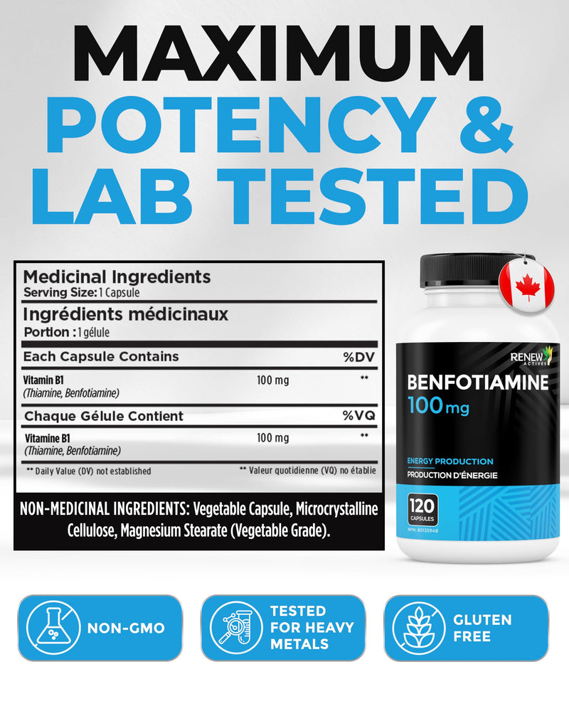 Renew Actives Benfotiamine 100mg – Supports Energy Production & Overall Wellness – Vegan, Non-GMO, Gluten-Free – 120 Capsules