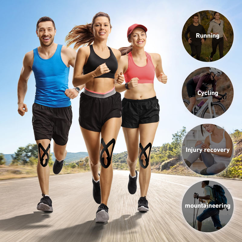 Kinesiology Tape for Knees&Thighs, 12 Count Knee Tape For Knee Pain Relief Pre Cut, KTQUICK Original Cotton Waterproof&Breathable, Enhance Elastic Athletic Knee Tape For Knee & Thighs Stability(Black)