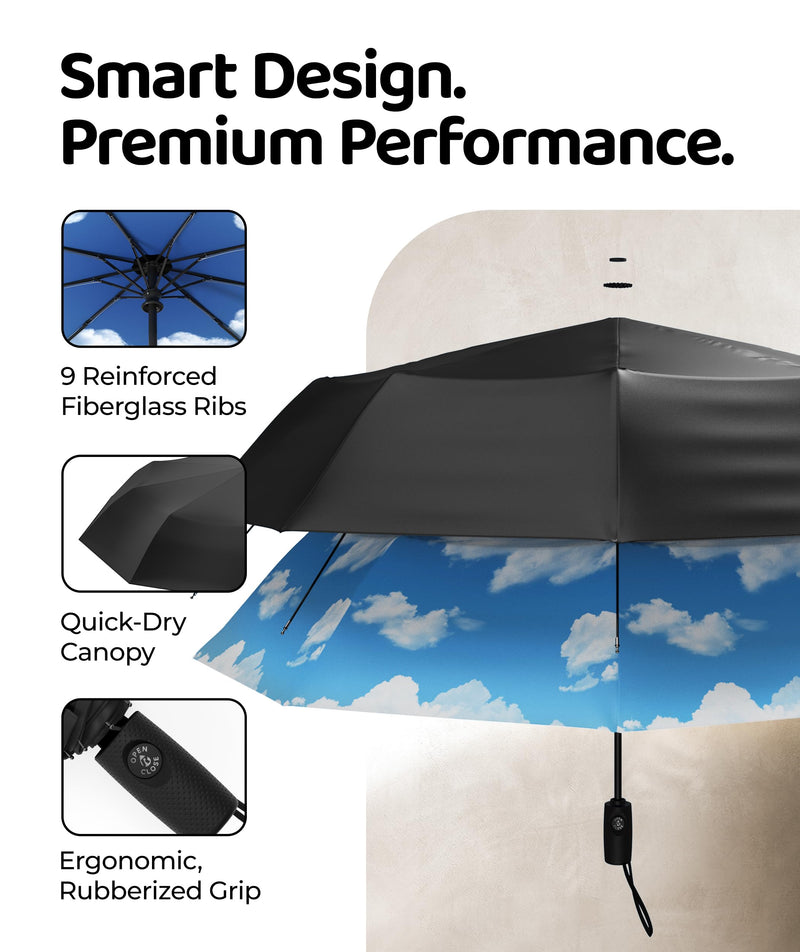 Windproof Travel Umbrella - Compact & Withstands Winds up to 100MPH, Strongest Premium Auto Folding Umbrella for Rain and Sun - Durable, Light & Portable for Women & Men, Fits Backpack & Cars Cloud Blue Standard