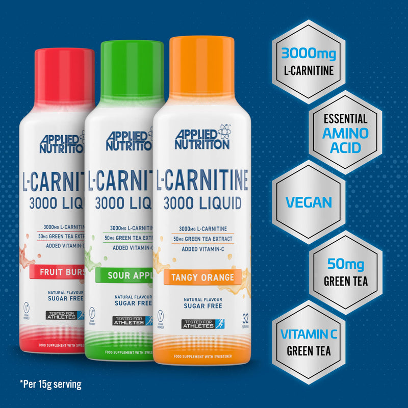 Applied Nutrition L Carnitine 3000 Liquid - L-Carnitine with Green Tea & Vitamin C, Boosts Energy & Weight Management, Vegan (480ml - 32 Servings) (Fruit Burst) Fruit Burst 480 ml