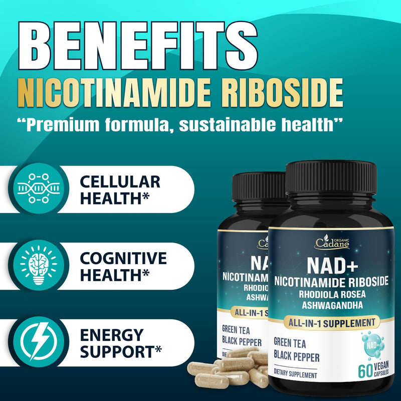 Organic Cadane Nicotinamide Riboside Supplement | with Rhodiola Rosea, Ashwagandha, Green Tea & More | Cellular Health & Vitality Support | Vegan, Non-GMO – 60 Capsules