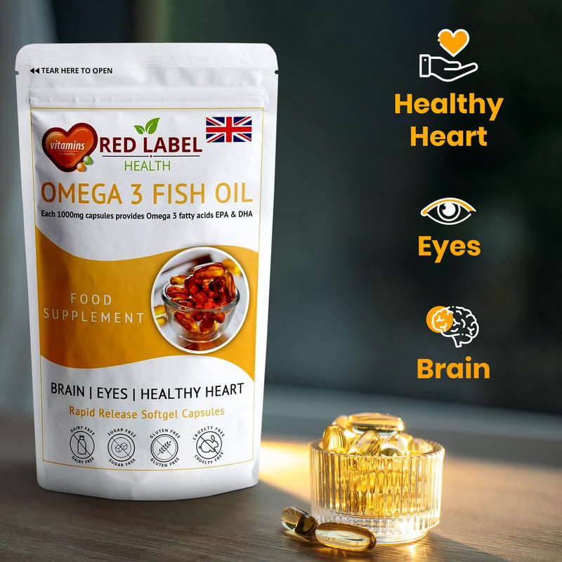 Omega 3 Fish Oil 1000mg, Pack of 60 Soft Gel Capsules (2 Months Supply), Double Strength 180mg EPA and 120mg DHA, Supports Eye, Heart & Brain Health for Men & Women - UK Made 60 count (Pack of 1)