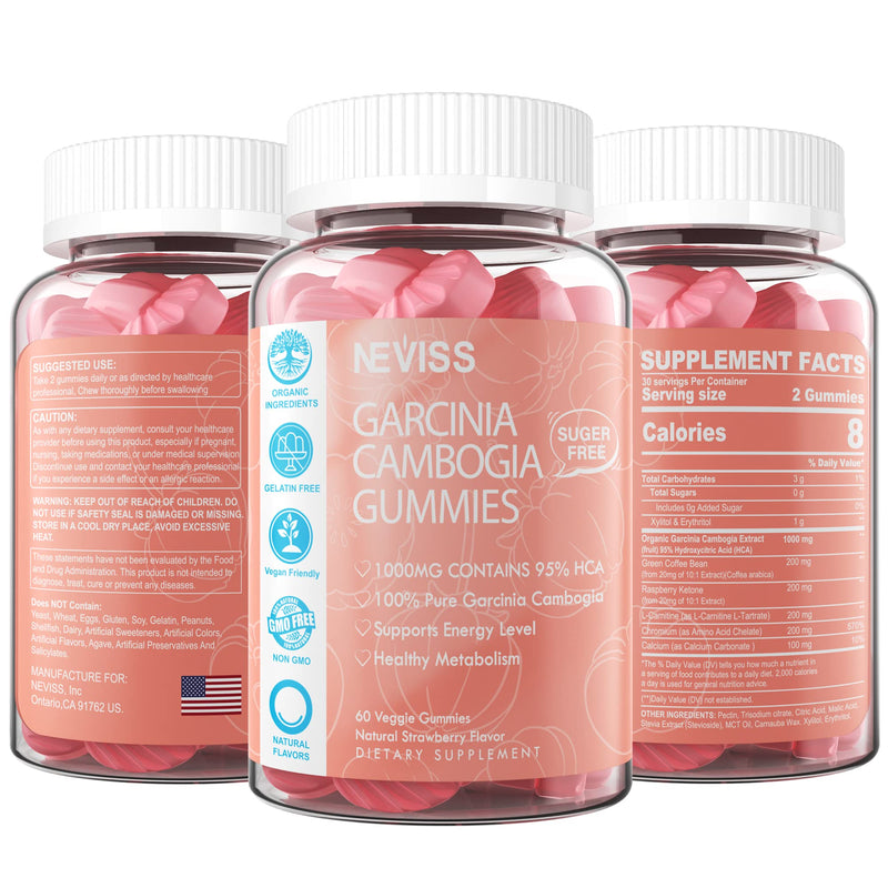 [Australia] - Sugar Free Garcinia Cambogia Gummies 1000mg 95% HCA with L-Carnitine, Raspberry Ketone, Chromium, Green Coffee Bean for Metabolism, Energy Boost, 100% Organic Extract, Vegan, Strawberry Flavor 60 Cts 60 Count (Pack of 1) 