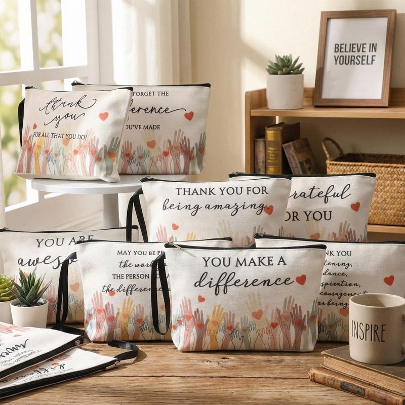 30 Pcs Appreciation Gifts Bulk for Women Teacher 10 Styles Inspirational Canvas Makeup Bags Thank You Cosmetic Bags for Women Coworker Employee Staff 30