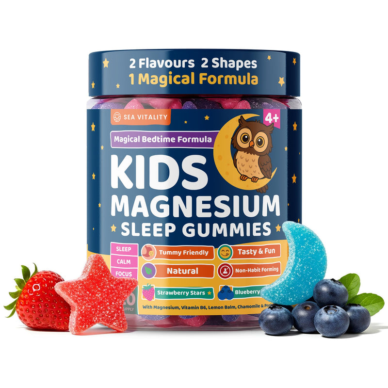 Kids Magnesium Glycinate Sleep Gummies – Calm Focus & Relaxation Support with Magnesium, B6, L-Theanine & Chamomile – Stawberry Stars & Blueberry Moons – 120 Vegan Gummies – Star & Moon Shape – Age 4+ Strawberry & Blueberry 120 count (Pack of 1)