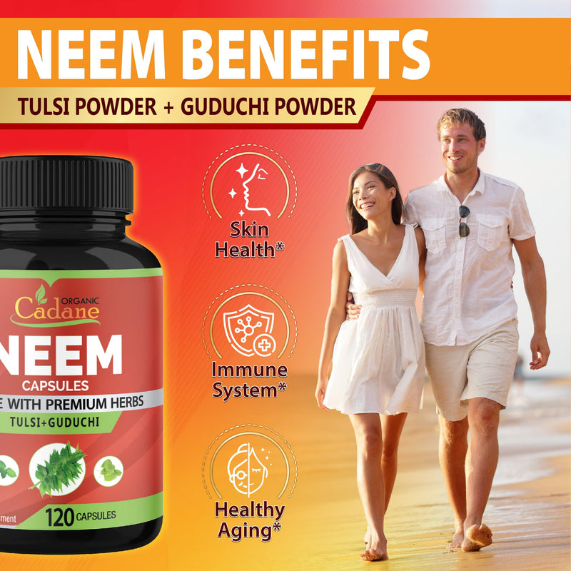 [Australia] - Organic Cadane Neem Leaf Supplements Capsules with Holy Basil Tulsi, Guduchi, 120 Vegetable Capsules | Supports Immune System | Fresh Powder Leaves Herbs 