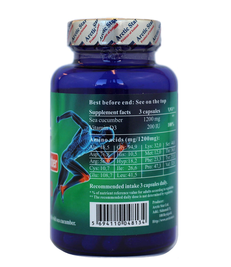 Arctic Star - Sea Cucumber with Vitamin D3 Capsules, Pure Icelandic Wild Caught Sea Cucumber Extract & D3 Supplement Pills - Cucumaria Frondosa 北极星海参+D3胶囊 (90 Capsules, 400mg) 1Bottle