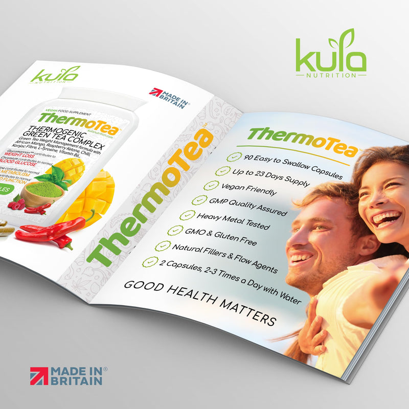 ThermoTea - Thermogenic Green Tea Complex for Weight Management with Glucomannan Konjac Soluble Fibre, Raspberry Ketones, African Mango, Chilli, L-Tyrosine, Vitamin B6 and Chromium - 90 Vegan Capsules
